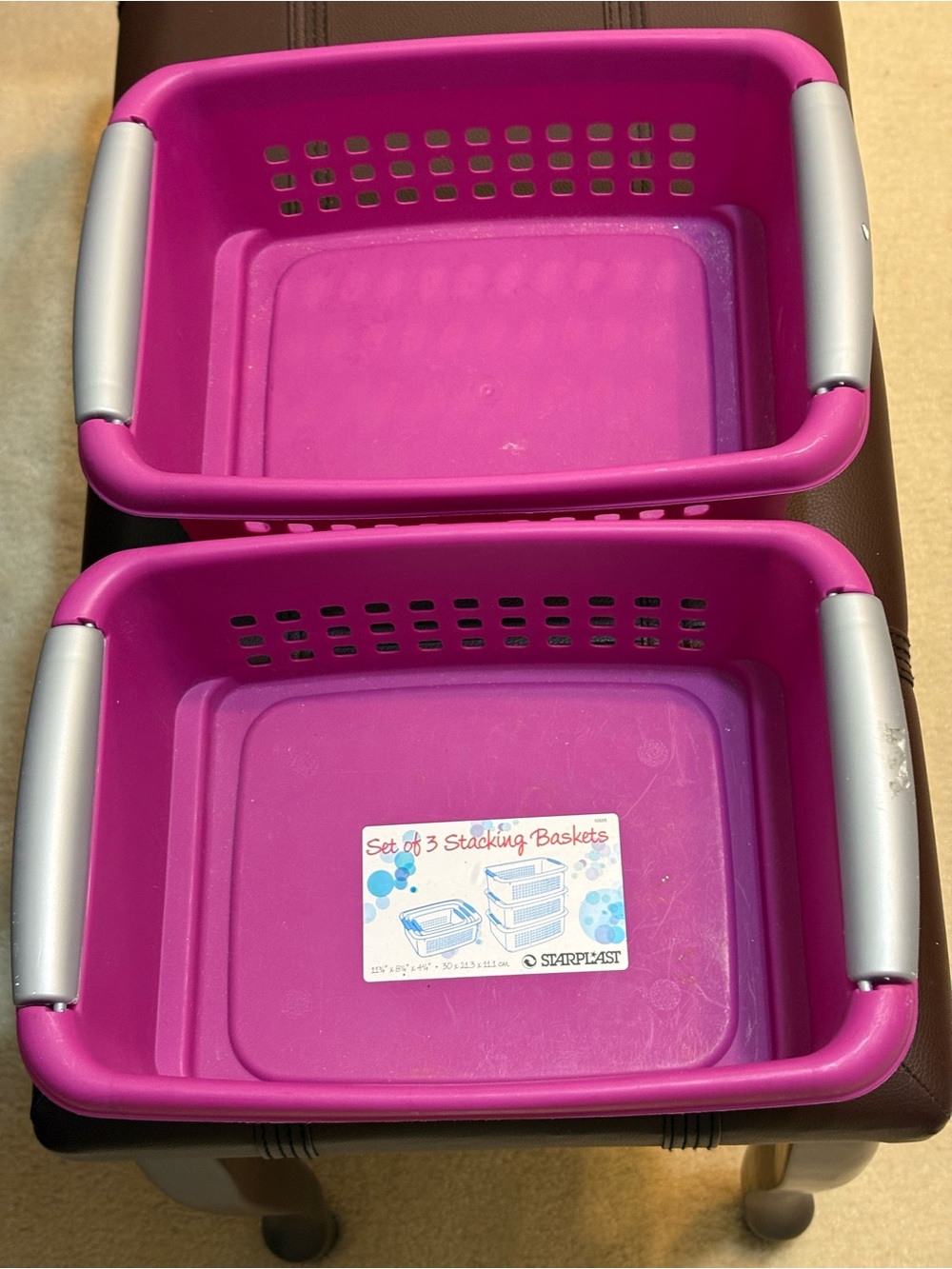 Lot of 2 Stunning Magenta Plastic Stackable & Ventilated Storage Baskets